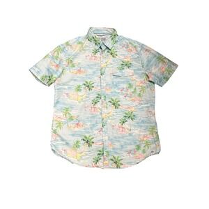 Free Planet Mens Large‎ Tropical Flamingo Palm Tree Button Down Shirt Light Blue